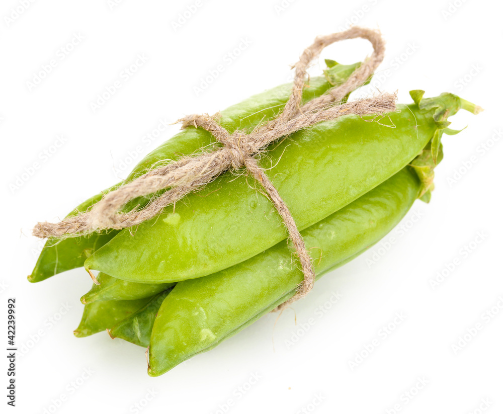 Green peas tied with rope isolated on white