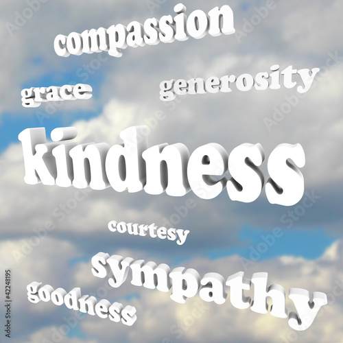 Fotografie, Obraz Kindness Words in Sky Compassionate Generous Background