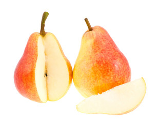 Two red pears with a segment.