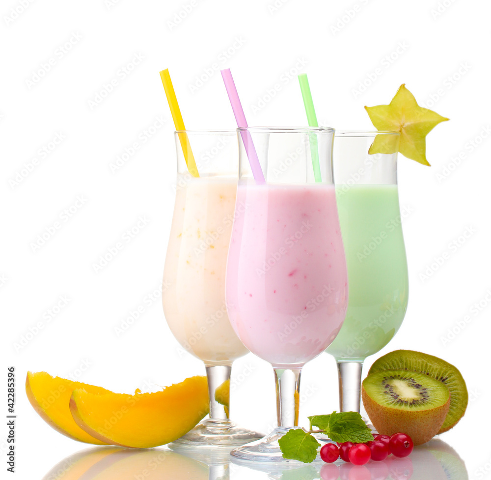 Milk shakes with fruits isolated on white