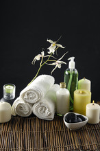 Spa Accessories On Wooden Mat Background