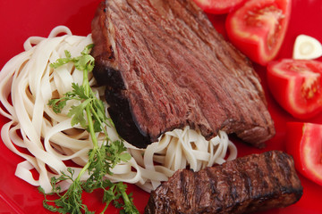 Canvas Print - italian food : pasta with tomato and grilled sirloin