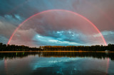 Fototapeta Tęcza - Full rainbow over the lake