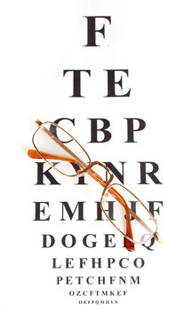 Eyesight test chart with glasses close-up