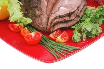 Poster - corned beef on red plate with vegetables