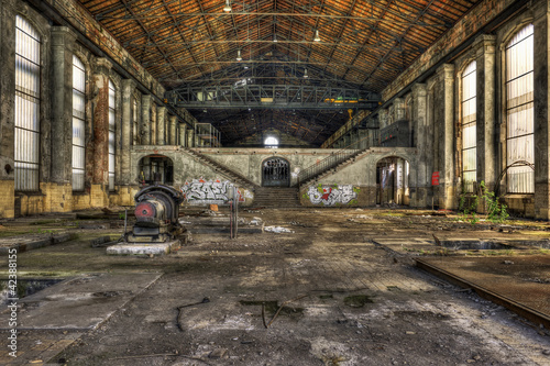 Obraz w ramie Imposing staircases inside the hall of an abandoned coal mine