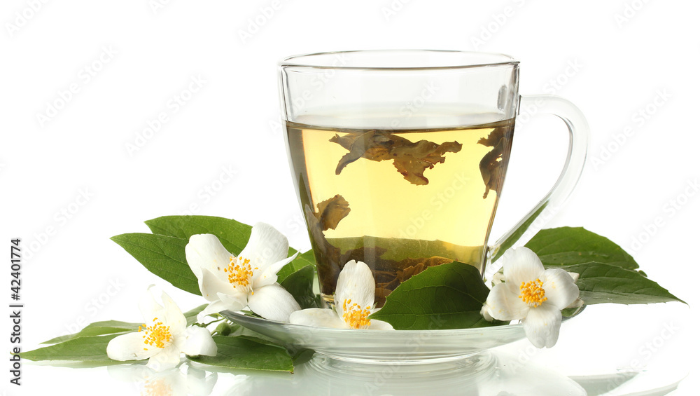 cup of green tea with jasmine flowers isolated on white