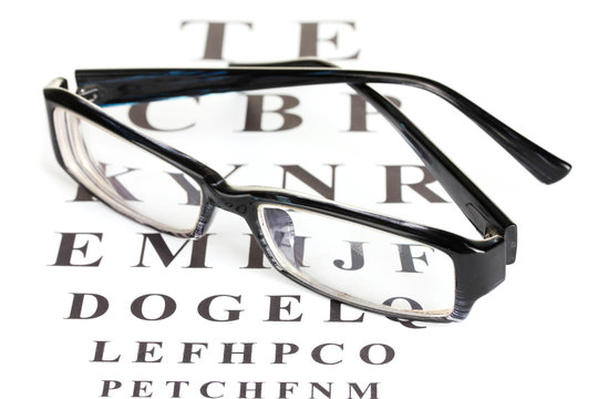 Eyesight test chart with glasses close-up