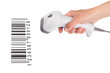 The manual scanner of bar code in a female hand