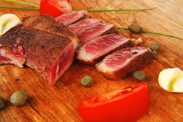 Canvas Print - meat steak sliced on wood