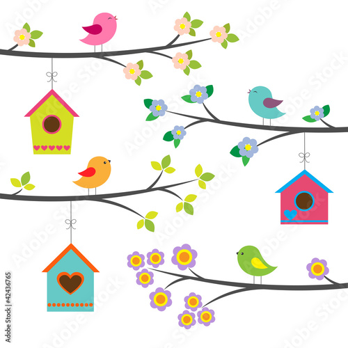 Plakat na zamówienie Birds and birdhouses. Vector set