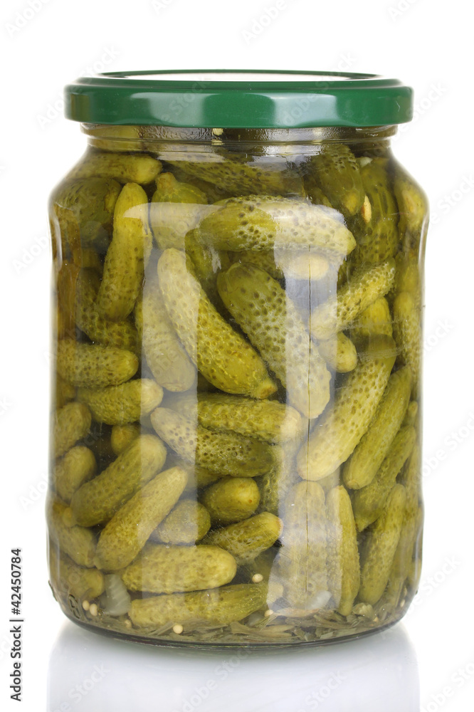 Jar of canned cucumbers isolated on white