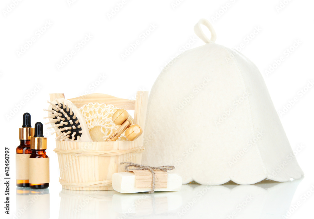 Sauna hat and bathroom set isolated on white