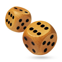 A pair of rolling wooden dices on white