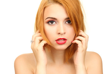 portrait of sexy young woman with glamour make up and red