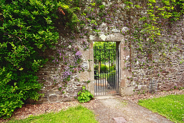 Old, stone garden wall with  metal gate