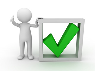 Fototapete - 3d man showing thumb up with green check mark