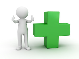 Poster - 3d man showing thumbs up with green plus sign