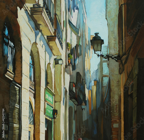 Obraz w ramie gothic quarter in barcelona, painting by oil on a canvas, illust