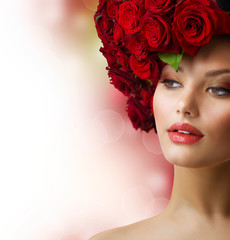 Poster - Fashion Model Portrait with Red Roses Hair
