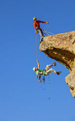 Falling climber saved by his partner.