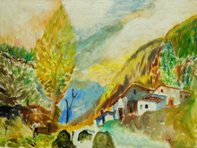 Landscape In Mountains Pyrenees, Painting, Illustration