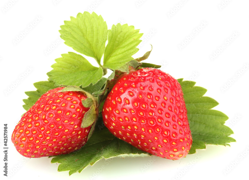 sweet ripe strawberries with leaves isolated on white