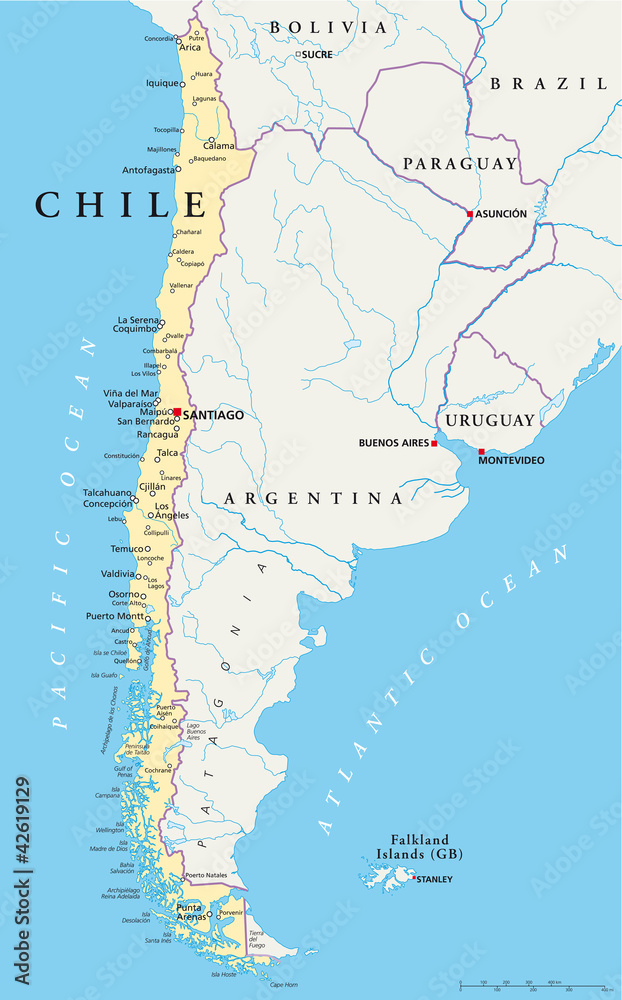 Chile Political Map With Capital Santiago With National Borders Most 1000 F 42619129 