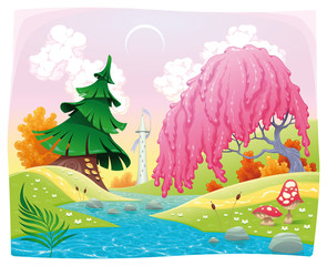 Wall Mural - Fantasy landscape on the riverside. Vector illustration.