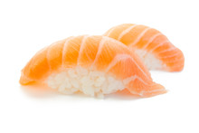 Closeup Of Delicious Japanese Salmon Sushi Isolated On White