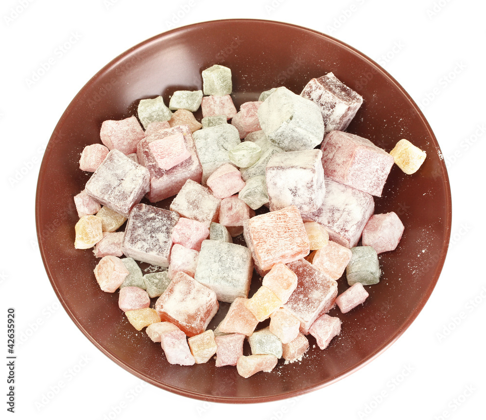 delicious turkish delight in the plate isolated on white
