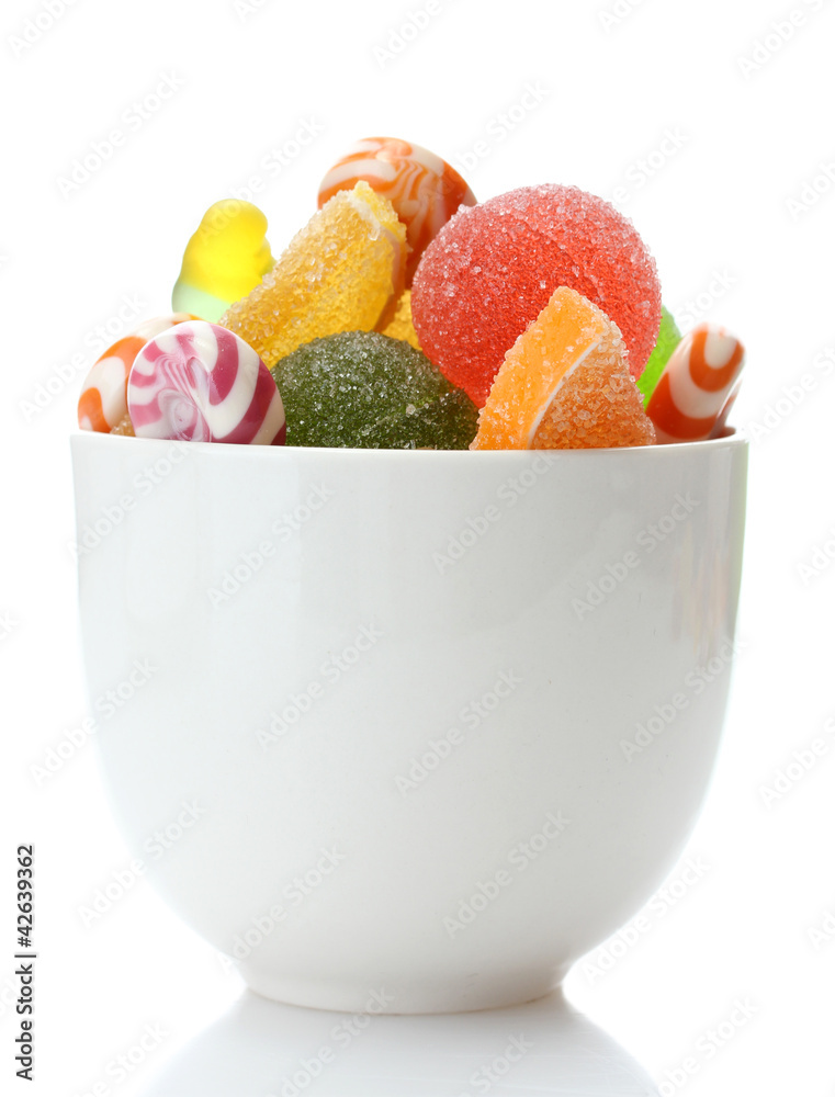 colorful jelly candies in bowl isolated on white
