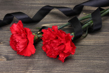 Carnations And Black Ribbon On Grey Wooden Background