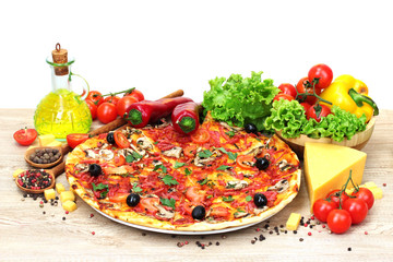 Poster - delicious pizza and vegetables on wooden table