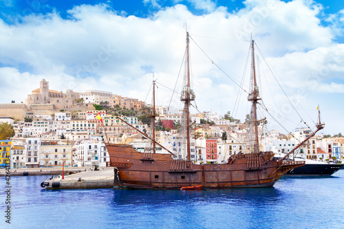 Naklejka na kafelki Eivissa ibiza town with old classic wooden boat