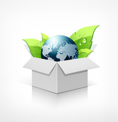 Fototapete - Globe and green leaf in recycle white box. vector