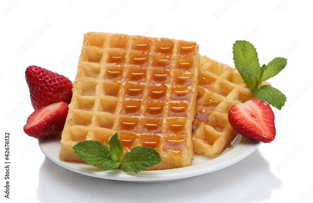 belgium waffles with honey, strawberries and mint