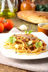 Wall Mural - Pasta with anchovies, tomatoes, garlic and breadcrumbs