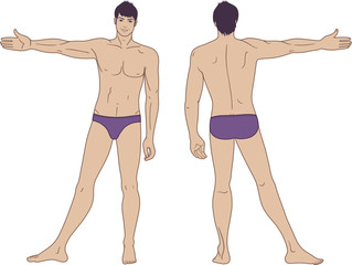 Full length (front & back) views of a standing naked man