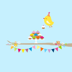 Sticker - Flying Bird 10 Cupcakes 2 Buntings Color Tree Blue