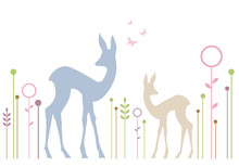 Cute Deers With Floral Background, Vector