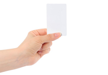Wall Mural - Hand holds business card on white background
