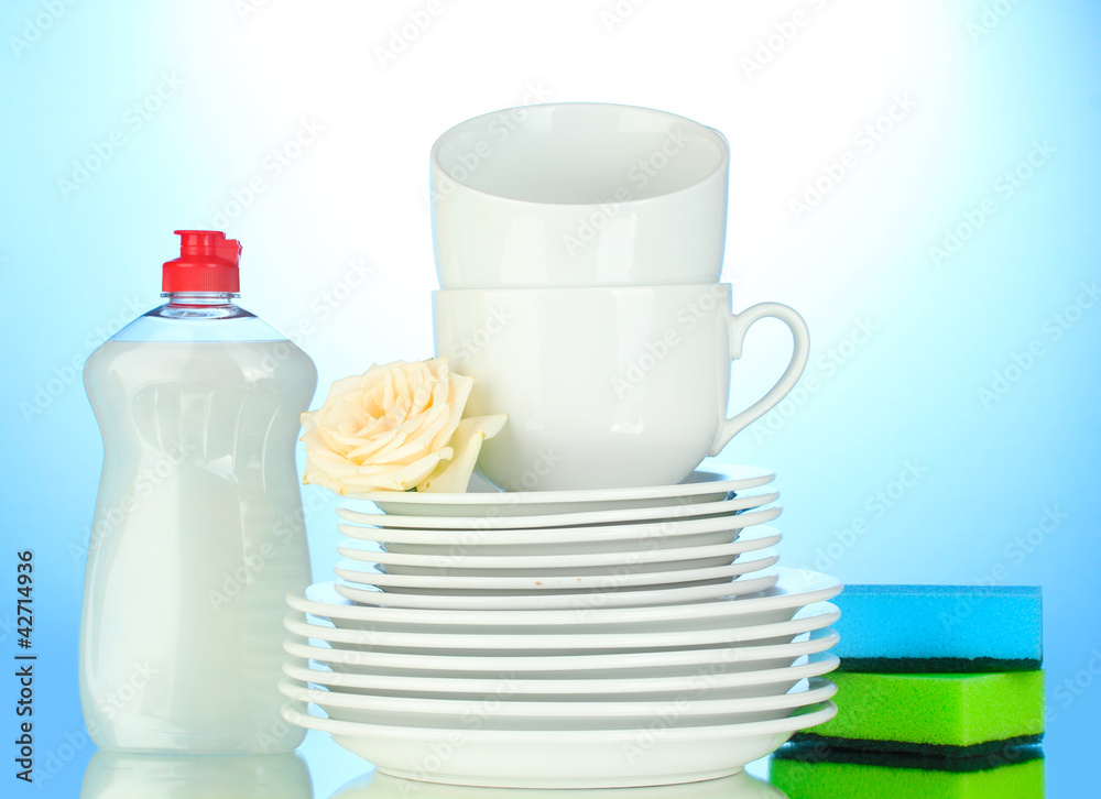 empty clean plates and cups with dishwashing liquid and sponges
