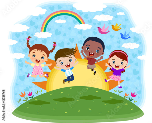 Naklejka nad blat kuchenny Multicultural children jumping on the hil