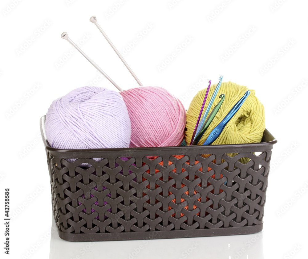 Knitting yarn in plastic basket isolated on white