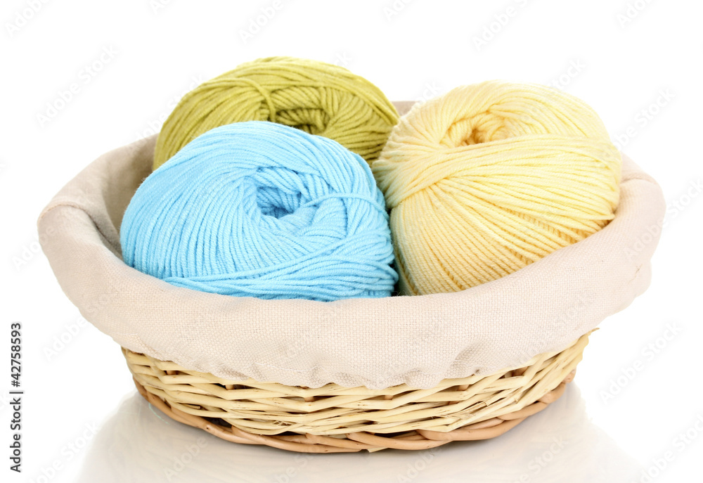 Knitting yarn in basket isolated on white