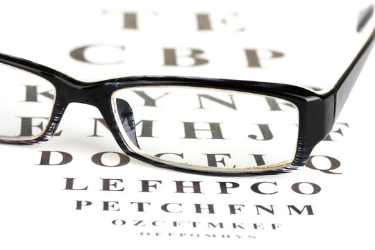 Eyesight test chart with glasses close-up