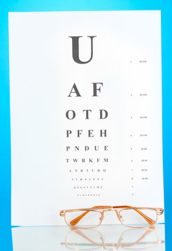 Eyesight test chart with glasses on blue background close-up