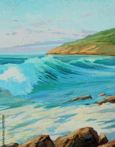 Fototapeta na wymiar mediterranean landscape with turquoise wave, illustration, paint