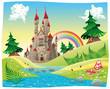 Panorama with castle. Cartoon and vector illustration. 